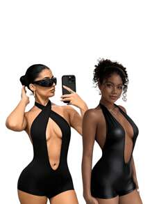 Amplova Y2K 90s Clothes Music  Festival Rave Grunge Punk Fashionable Sexy Deep V-Neck Backless Halter Neck Romper Unitard - Black - View 3