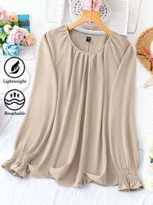 SHEIN LUNE Plus Size Round Neck Solid Color Casual Long Sleeve Shirt Fall Cloth For Women - Khaki - View 1