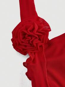 SHEIN MOD 大码女式红色浪漫 3D 花卉印花女士连衣裙、约会装、情人节装 - 紅色 - 查看 5