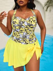 SHEIN Swim Curve Traje de baño una pieza con diseño floral y pliegues para mujer talla grande - Multicolor - Ver 1