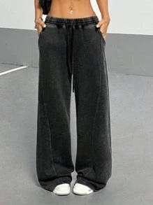 StreetHx Women's Streetwear Vintage Washed Loose Straight Casual Sweatpants, Autumn - Grey - View 1