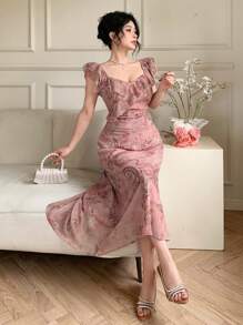 DAZY Abito estivo da donna con colletto quadrato, balze e fantasia floreale mista, in stile patchwork