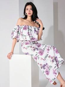 Heiryn Women's Floral Print Off Shoulder Long Dress With Ruffle Hem