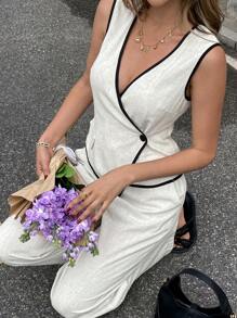 SHEIN Frenchy Camisa sin mangas para mujer con cuello en V, dobladillo y un solo botón, blanco sin mangas con borde contrastante, abertura asimétrica con bolsillo falso, elegante y sencilla, ropa de verano para mujer, adecuada para el diario y el trabajo