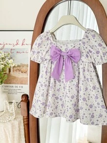 SHEIN Babygirl Cute Floral Pattern Bow Decor Summer Dress