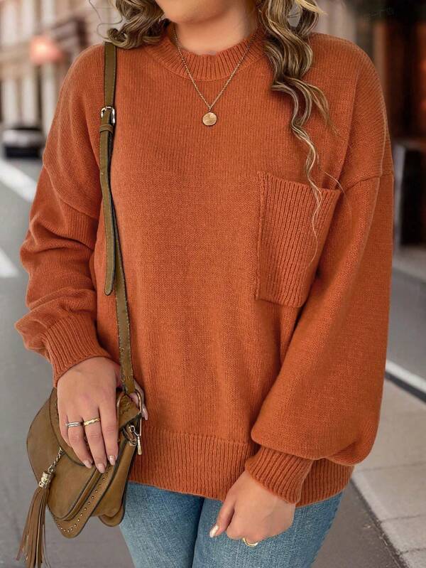 SHEIN LUNE Suéter de Bolso Remendado com Ombros Caídos Plus, Tricô de Inverno, Outono