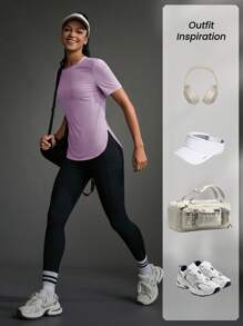 Exploreva 休闲纯色短袖弧形下摆运动服户外T恤健身房女式衬衫