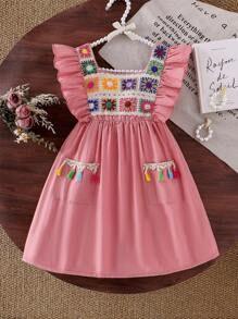 SHEIN Young Girls Pink Lace Trim Cinched Waist Tassels Pockets Embroidery Dress, Casual Cute Summer Outfit For Little Girls - Pink - View 1