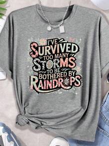 SHEIN LUNE Too Many Storms Plus Size Short Sleeved T Shirts - Light Grey - View 1