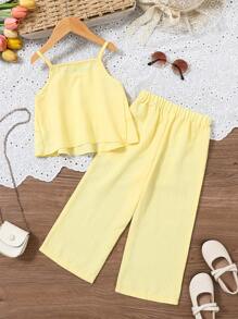 SHEIN Vintaside Kids 2pcs/Set Young Girl Fashion Ruffle Strap Top And Long Pants Set, Comfortable For Summer Holiday - Yellow - View 2