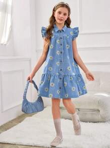 Tween Girls Y2K Washed Loose Cute Flutter Sleeve Ruffle Hem A-Line Denim Dress, Suitable For Casual Wear - Light Wash - View 6