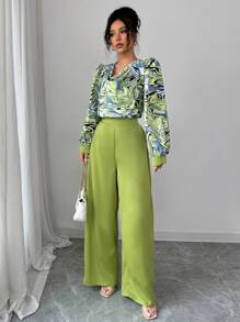 Calvaya 2-delige set voor dames: elegante zakelijke casual blouse met lange mouwen en ronde hals en lange broek, lente/zomer