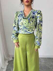 Calvaya 2-delige set voor dames: elegante zakelijke casual blouse met lange mouwen en ronde hals en lange broek, lente/zomer