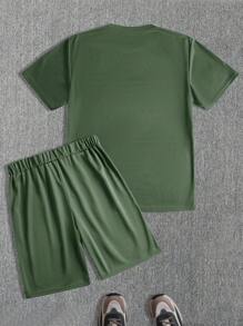 Manfinity Dauomo 2 件套男士撞色圆领短袖休闲 T 恤和短裤套装