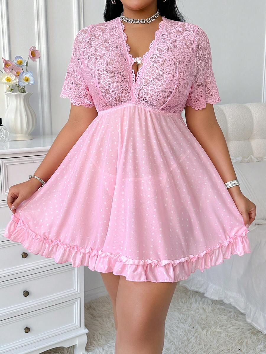 Crystal Vow 2件套婚纱蕾丝撞色网纱深V镂空爱心水钻加大码性感内衣吊带裙+丁字裤