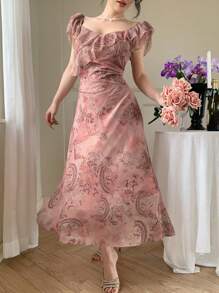 DAZY Abito estivo da donna con colletto quadrato, balze e fantasia floreale mista, in stile patchwork
