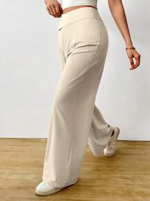 Chiquease Women's Solid Color Wide Leg Loose Casual High Waist Asymmetric Long Pants - Apricot - View 4