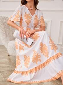 SHEIN Clasi Elegant Resort Hot Selling Floral Print Ruffle Sleeve V-Neck Waist Cinched Dress - White - View 4