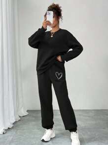 SHEIN LUNE 女士时尚休闲黑色爱心印花运动抽绳运动裤