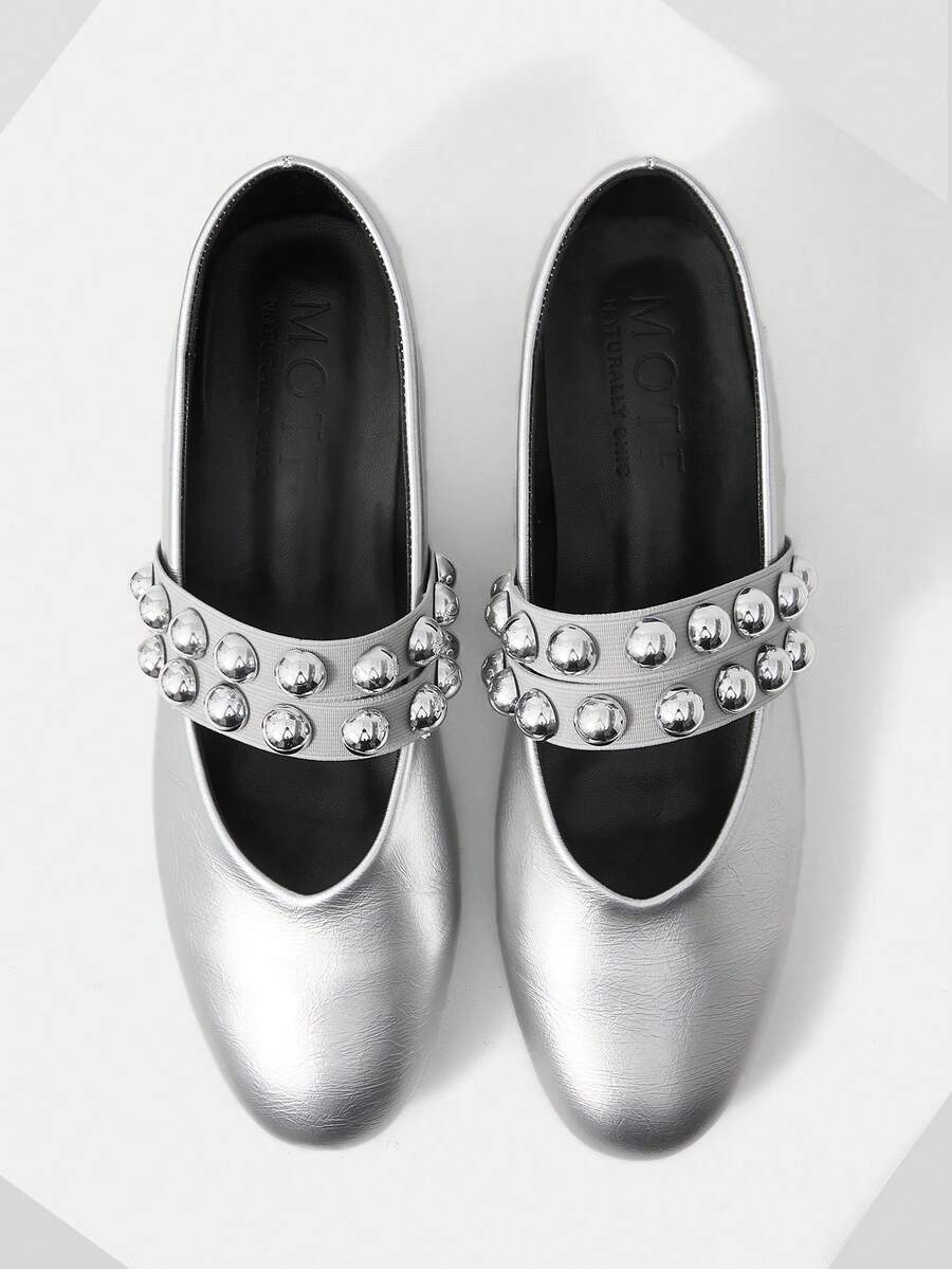 MOTF PREMIUM Zapatos casuales de mujer con puntera redonda plana para otoño - Plateado - Ver 1