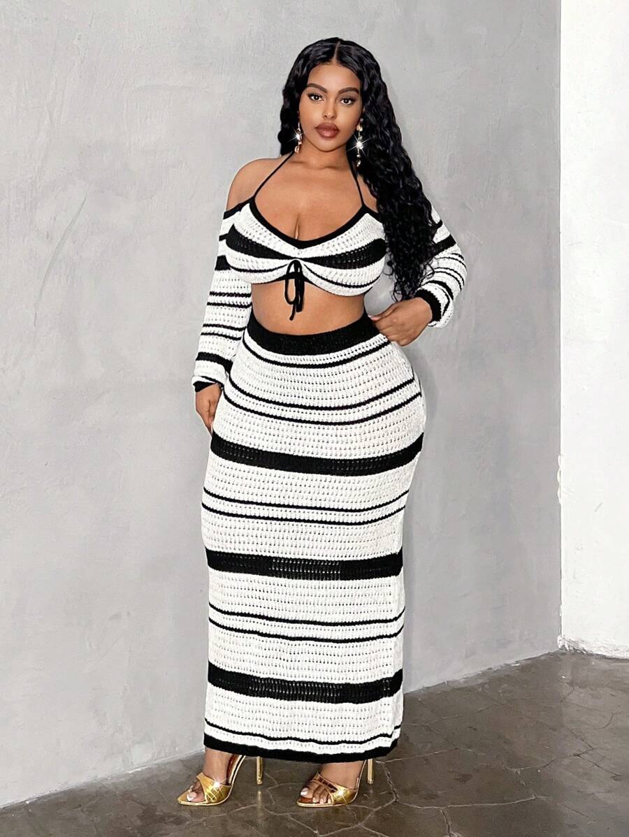 Maweii 大码女式撞色条纹性感沙滩系带上衣和超长裙两件套