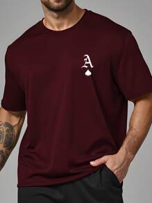 Manfinity Homme Plus Size Men Playing Card Print Round Neck Short Sleeve Casual Slim Fit T-Shirt - Burgundy - View 1