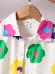 SHEIN 2 件套年轻男孩休闲花卉印花衬衫、短裤和帽子套装，简约风格，适合夏季、度假、出游、假日、旅行、放松、日光浴 - 白色 - 查看 4