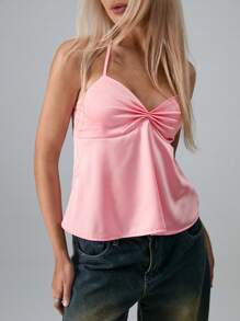 TRNVIE Women's Solid Color Simple Daily Style Pique Spaghetti Strap Camisole - Pink - View 4