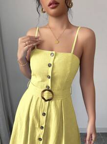 Chiquease Đầm Maxi Cami Thắt Lưng Cài Nút Phía Trước Trang Phục Cho Nữ - Màu vàng - Xem 8
