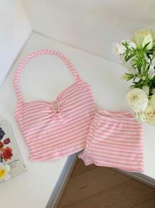 SHEIN EZwear Plus Size Women Summer Vacation Striped Bodycon Backless Camisole Top And Shorts Suit, Suitable For Holiday Wear