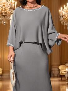 SHEIN Clasi 大码女式仿珍珠装饰圆领蝙蝠袖上衣和半身裙套装，优雅两件套