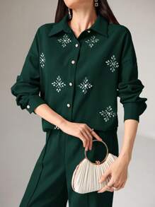 Heiryn 2pcs/Set Women Snowflake Pattern Rhinestone Decor Top And Pants 2 Pieces Set - Dark Green - View 5