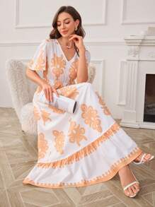SHEIN Clasi Elegant Resort Hot Selling Floral Print Ruffle Sleeve V-Neck Waist Cinched Dress - White - View 5