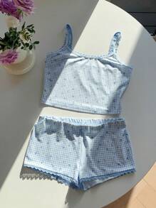 Comfortcana 女士海军蓝 & 白色格子碎花吊带背心和短裤套装 - 藍白色 - 查看 8