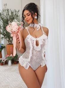 2pcs/Set Wedding Sexy Lace Jumpsuit With Eye Mask - White - View 5