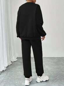 SHEIN LUNE 女士时尚休闲黑色爱心印花运动抽绳运动裤