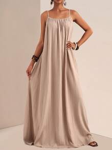 Slaydiva Plus Size Women Solid Color Pleated Slip Maxi Casual Dress,Flowy Dress