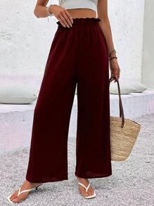 SHEIN LUNE Women's Solid Color Ruffle Pocket Wide Leg Casual Pants Fall Cloth For Women - Burgundy - View 6