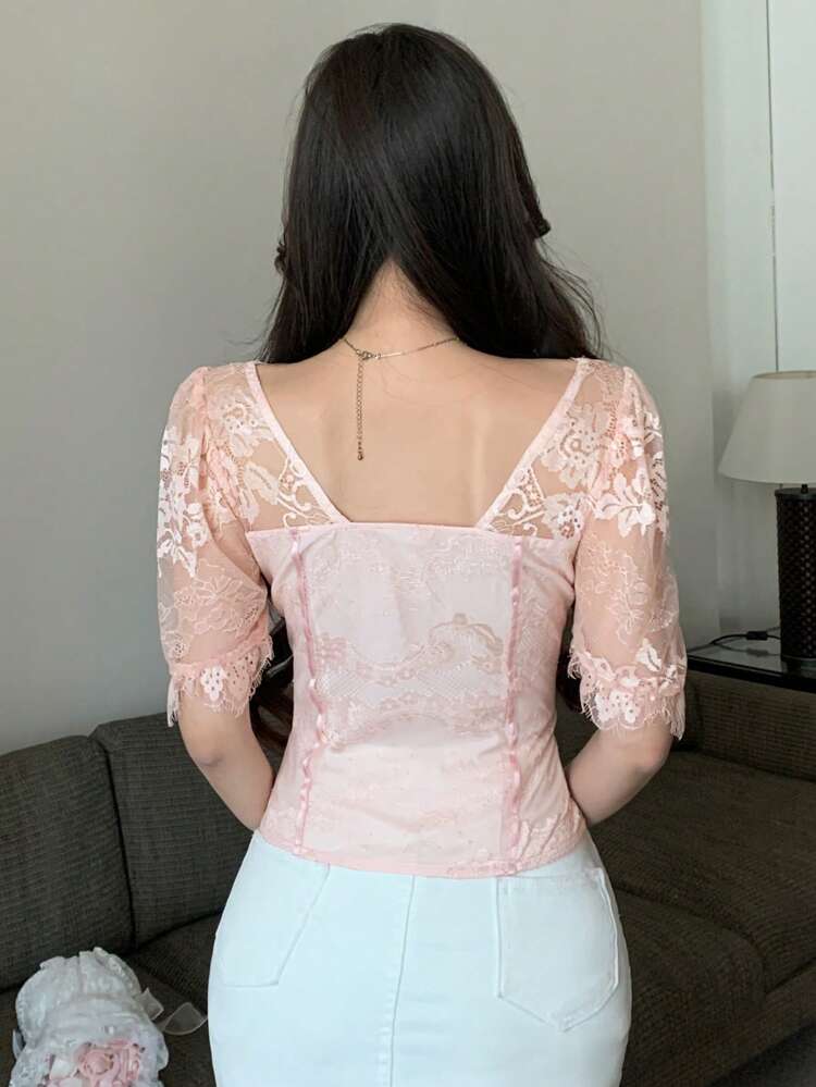 Women's Slim Fit Sexy Lace Bishop Sleeve Elegant Summer Blouse