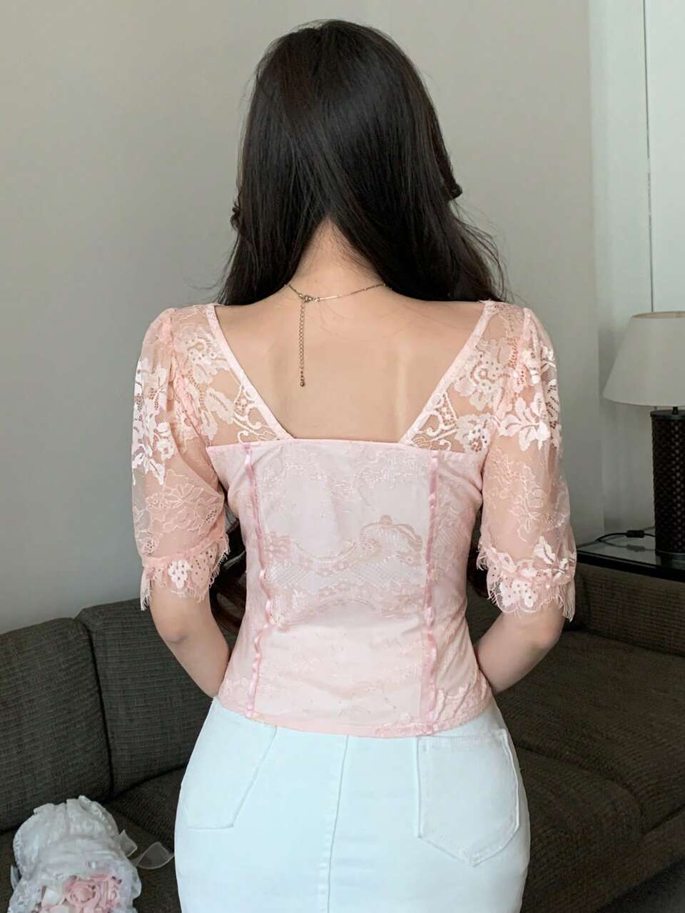 Women's Slim Fit Sexy Lace Bishop Sleeve Elegant Summer Blouse Cute Tops