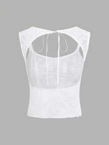 SHEIN ICON Bowknot Decor Backless Tie Lace See-Through Crop Top - White - View 2