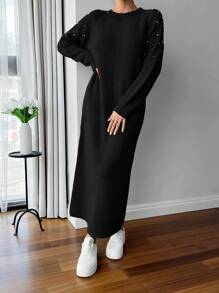 EURMUSE Round Neck Raglan Sleeve Maxi Sweater Dress With Beading - Black - View 5
