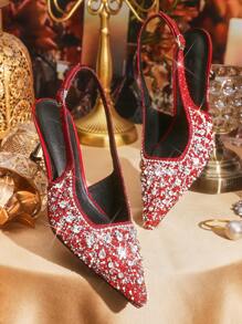 CUCCOO TILAWA Women's Pointed Toe Rhinestone High Heels Burgundy Closed Toe Party Pumps - Burgundy - View 1