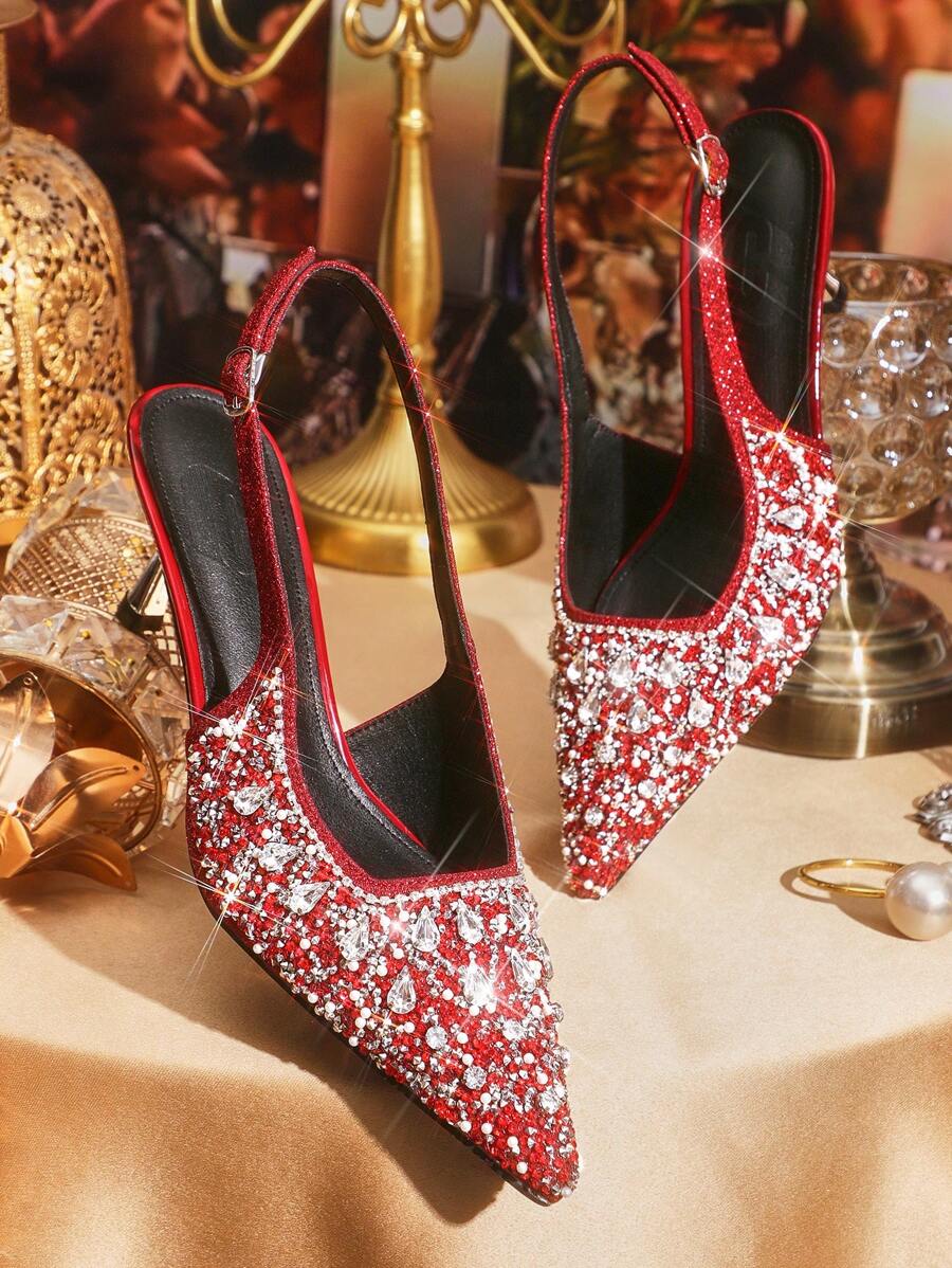 CUCCOO TILAWA Women's Pointed Toe Rhinestone High Heels Burgundy Closed Toe Party Pumps - Burgundy - View 1