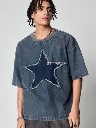 Grunge Punk Men's Star Embroidery Casual Denim Jacket, Minimalist & Fashionable For Daily Wear