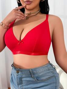 Plus Size Women Comfortable Minimalist Bow Decor Lingerie - Red - View 4