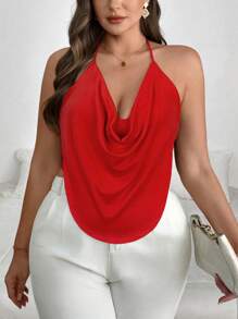 SHEIN PETITE CURVE 夏季大码性感纯色围脖领露背吊带背心