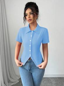 Rafferiza 女士红色高领褶皱收腰泡泡袖复古衬衫，百搭 - 藍色 - 查看 5