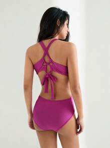 Maija Nuevo conjunto de verano 2025 de ajuste ceñido con diseño decorativo de escote recortado y hueco, de color baya, versátil y de moda para vacaciones de verano, playa, festivales de música y uso diario - Rosa - Ver 2