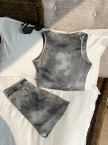 Comfortcana Women 2pcs/Set Letter Print Tie-Dye Cropped Tank Top And Shorts,Summer Sets - Black - View 2
